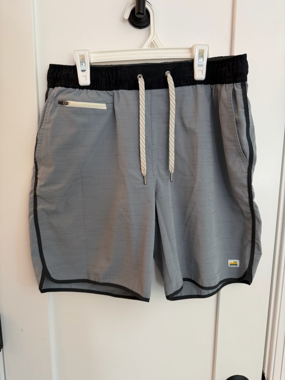 Vuori Men's Banks Athletic Shorts in Light Blue/Gray with Black Trim